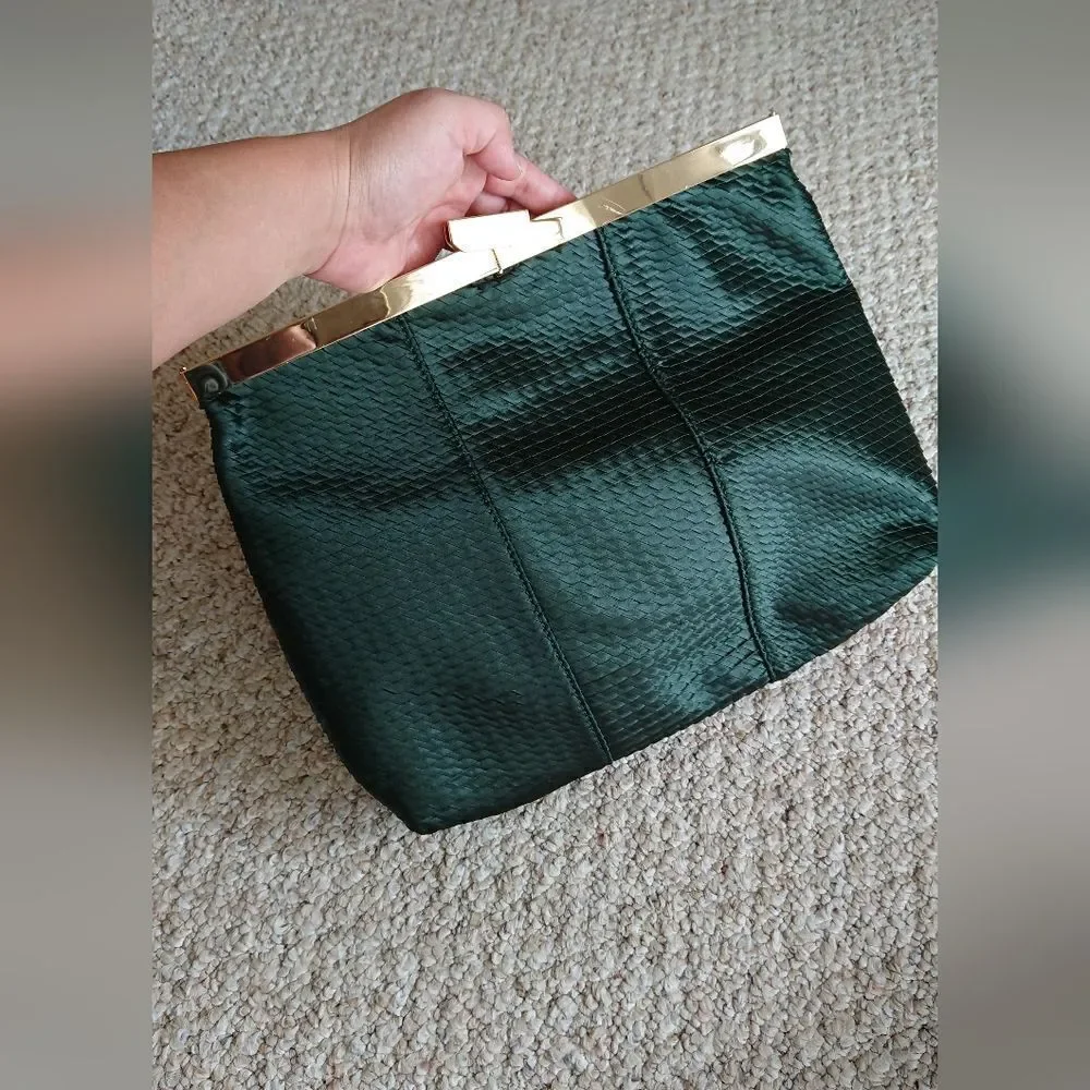 Halston Heritage foldable Frame Clutch in lux weaved green silk
